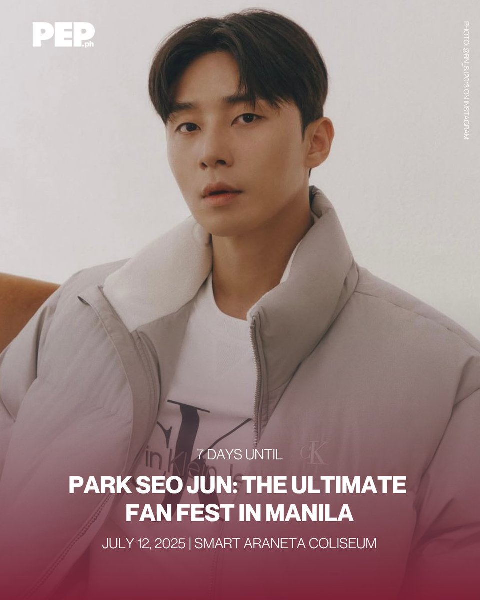 PEPalerts's tweet photo. Park Seo Jun: The Ultimate Fan Fest in Manila is just 7 days away! 🎉 

On July 12, the Araneta Coliseum will shine brighter as the Korean superstar takes the stage for the Century Tuna fanmeet! 🌟 

#ParkSeoJunInManila #PEPConcertCountdown https://t.co/Id4NrUzGnL