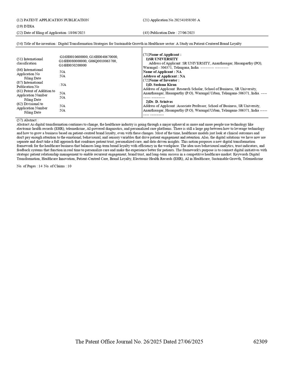 dharmulasri1976's tweet photo. I’m proud to announce that one of my scholar has successfully published a patent!
This marks a significant step in their journey of innovation and research.
 Their dedication, curiosity, and perseverance truly paid off.
@bschoolsru
 @SRuniversity https://t.co/HJEMDKjqNg