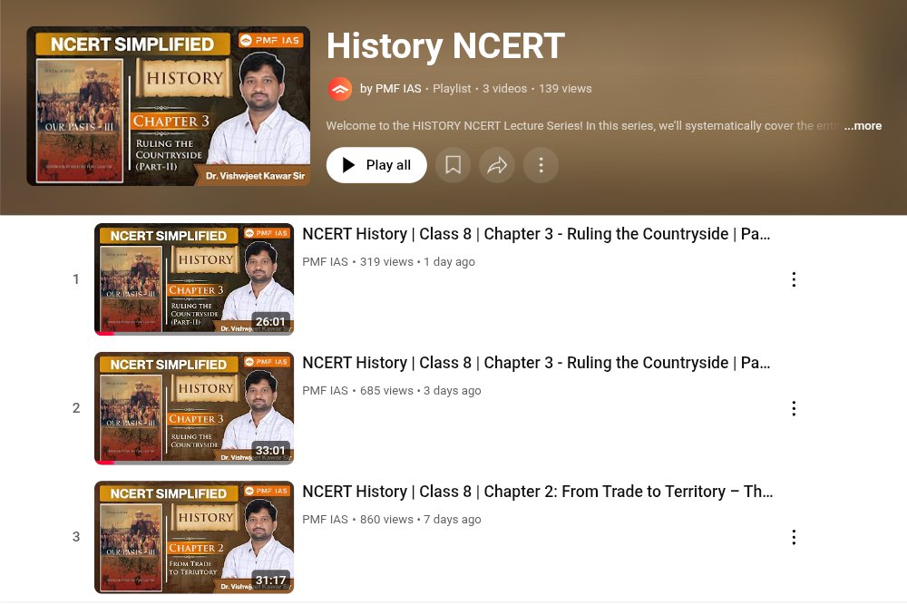 pmfias's tweet image. 📚 Follow this series for a comprehensive understanding of NCERT History textbooks!
Systematic, simplified &amp;amp; exam-focused lectures by Dr. Vishwjeet Kawar Sir.

Start watching now: youtube.com/playlist?list=…

📲 For PDFs, high-quality history resources &amp;amp; UPSC insights, join our…