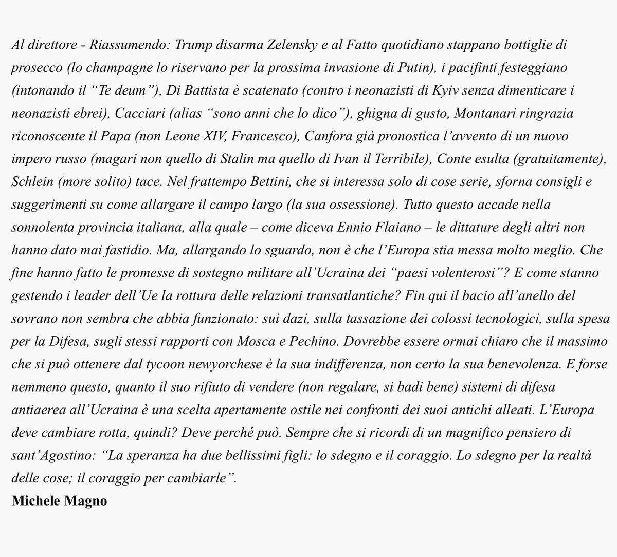 Il Foglio- Il circo Barnum italico, l'Europa e Sant'Agostino