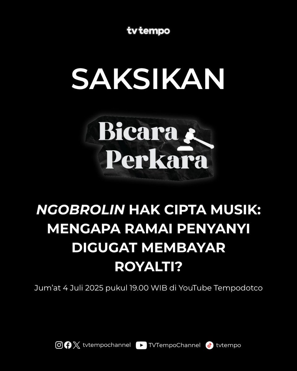 Simak perbincangan TV Tempo bersama musisi Armand Maulana, Piyu "Padi" dan Kadri Mohamad dalam program Bicara Perkara, Jumat 4 Juli 2025 di YouTube Tempodotco.

#visi #aksi #armandmaulana #piyupadi #kadrimohamad #infomusik #ekonomikreatif #kontroversi #penyanyiindonesia