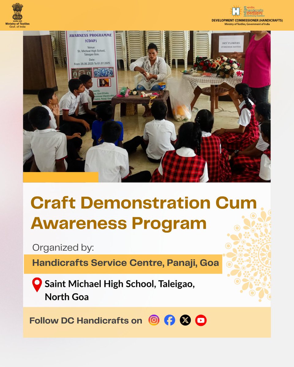 handicraftsdc's tweet photo. Empowering the next generation! A Craft Demonstration Cum Awareness Programme by HSC, Panaji, Goa, at Saint Michael High School, Taleigao, is nurturing student growth through valuable craft guidance & skill-building sessions. Inspiring! #CraftAwareness #SkillDevelopment #Goa https://t.co/Ph3R2LSdnB