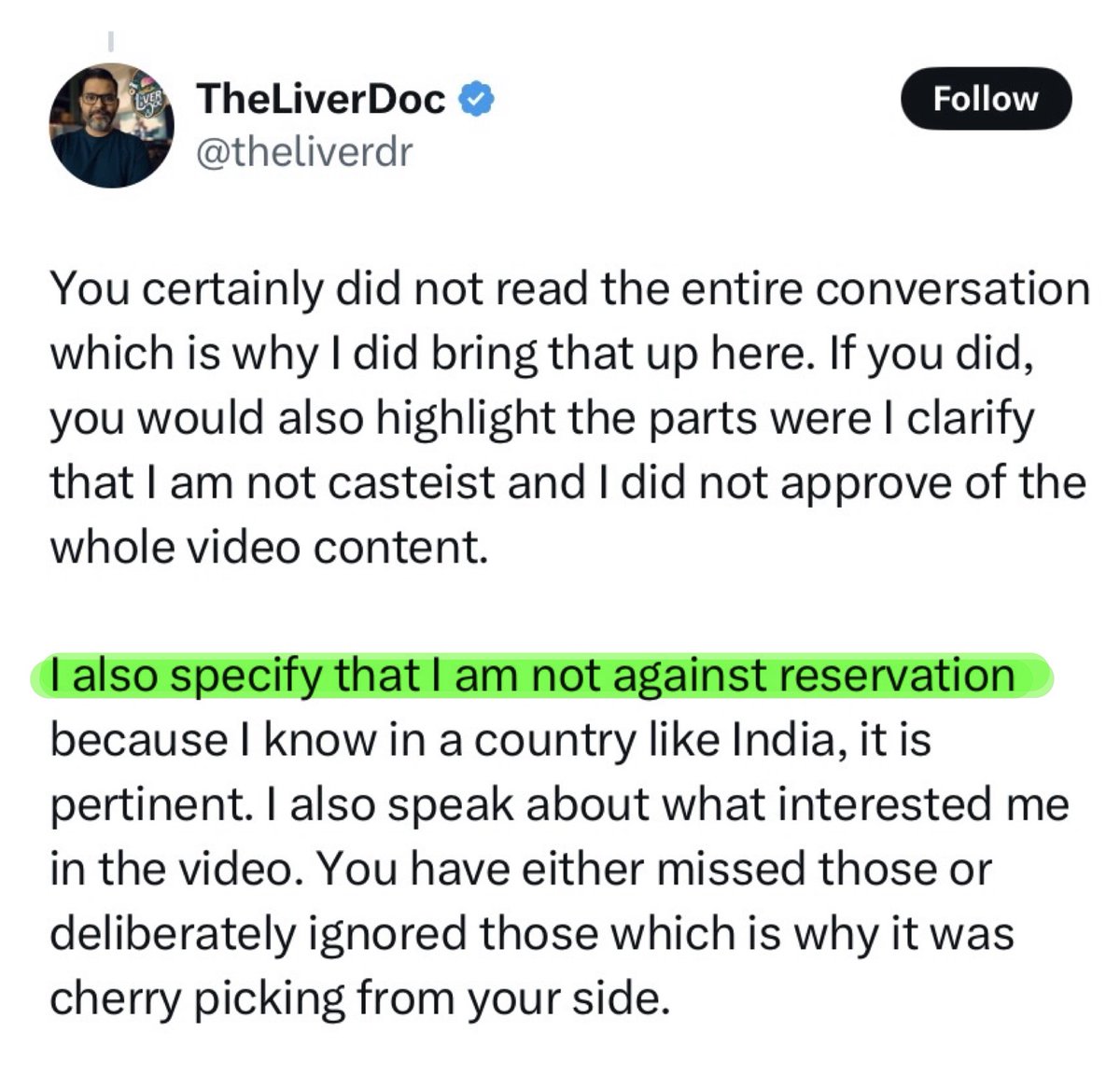 Anyone supporting this Liver Doc should know - he openly supports Reservation.

Doctors are the worst-hit due to quota system. Nearly 60–70% seats are Reserved. 

Anyone who supports Reservation has no right to question merit &amp; qualification of others. Period.