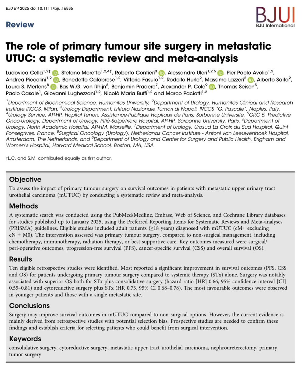 ludovicacella's tweet photo. Proud to share our latest work published in @BJUIjournal

We explored whether surgery on the primary tumour improves outcomes in metastatic UTUC, in the era of advanced systemic therapies.

👉🏻 https://t.co/gvcv70jCe3

#urooncology #metastaticUTUC #BJUI
#systematicreview https://t.co/qW0r9oM0L7