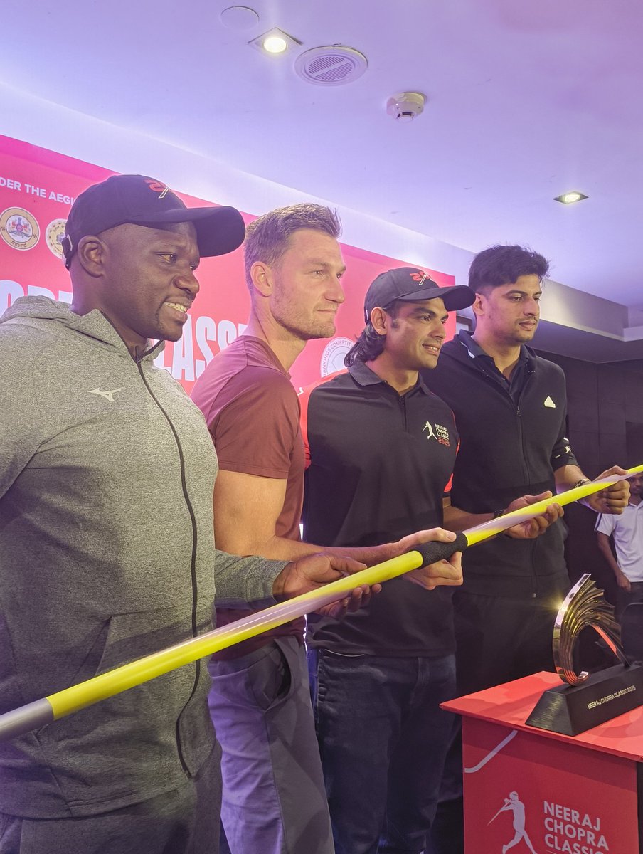 RevSportzGlobal's tweet photo. #NeerajChopra, #Yego, #Rohler and #SachinYadav at the press meet - Neeraj Chopra Classic. https://t.co/xPjqGYfWNC
