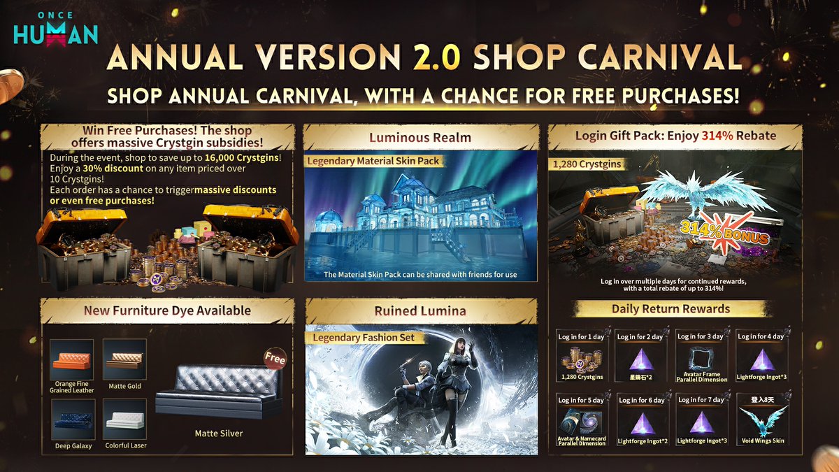 OnceHuman_'s tweet photo. Win Free Purchases in the Version 2.0 Shop Carnival! 🛒

Turn up the summer heat with rewards, rebates, and exclusive deals! Check the image below for all the details and exciting new arrivals!

📱 💻Download Mobile &amp; PC Version Now:
https://t.co/onAVT5j1ga https://t.co/FgjthVtQ1I