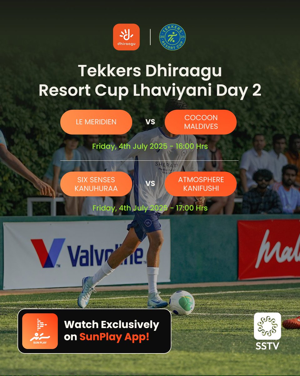 Tekkers Dhiraagu Resort Cup 2025 Lhaviyani
04.07.2025 at 16:00Hrs - LE MERIDIEN vs COCOON MALDIVES
04.07.2025 at 17:00Hrs - SIX SENSES KANUHURA vs ATMOSPHERE KANIFUSHI
sunplay.mv
#sstv #ssmedia #sunplaymv #tekkersdhiraaguresortcup2025