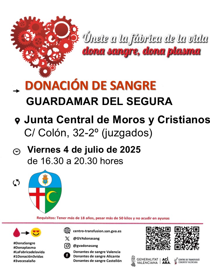 GVAdonasang's tweet image. Dona sangre en #GuardamarDelSegura
📅viernes #4Julio

Este verano es muy importante que vengas a dar, tu colaboración garantiza la disponibilidad de sangre y sus productos en los hospitales.

#DonaSangre #DonaPlasma.
Únete en la Fábrica de la vida❤