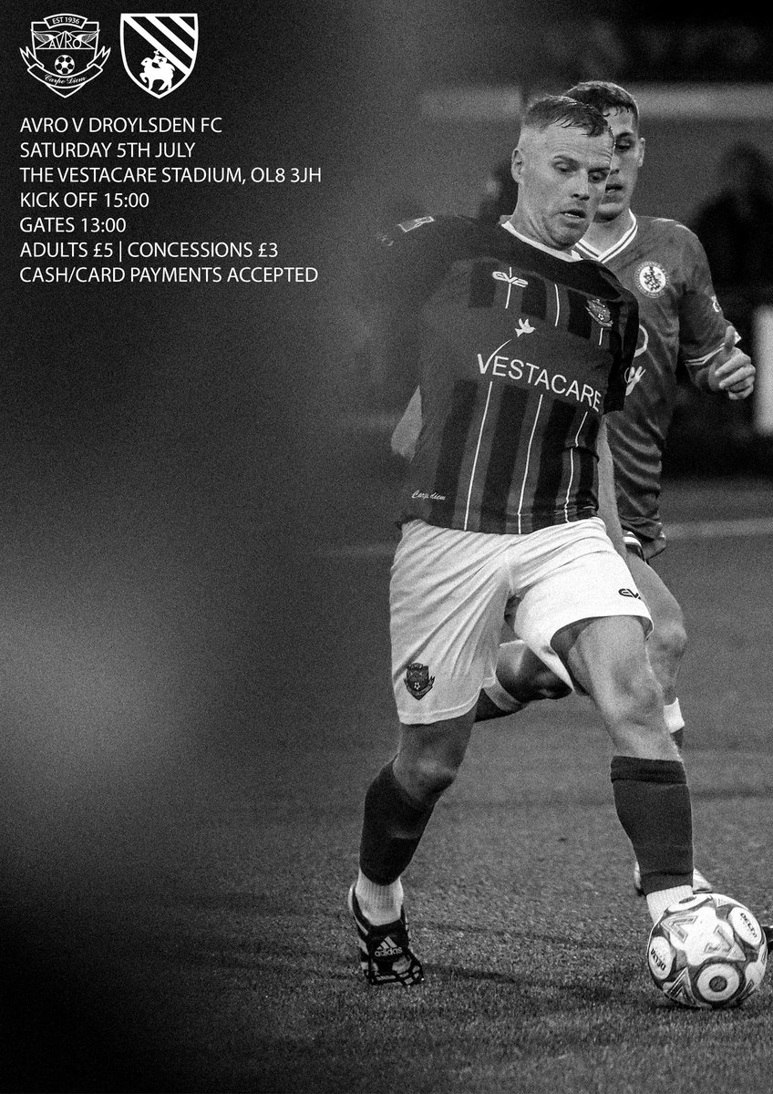 Avro FC (@avrofc) on Twitter photo βΌοΈ Ahead of our friendly with <a href="/Droylsden_FC/">Droylsden FC</a> tomorrow, hereβs all you need to know for visiting The Vestacare ‡οΈ
π Saturday 5th July
ποΈ The Vestacare Stadium, OL8 3JH
π Kick Off 15:00 | Gates 13:00
ποΈ Adults Β£5, Concessions Β£3
β
Cash/Card payments available
π Food Available βΌοΈ Ahead of our friendly with <a href="/Droylsden_FC/">Droylsden FC</a> tomorrow, hereβs all you need to know for visiting The Vestacare ‡οΈ
π Saturday 5th July
ποΈ The Vestacare Stadium, OL8 3JH
π Kick Off 15:00 | Gates 13:00
ποΈ Adults Β£5, Concessions Β£3
β
Cash/Card payments available
π Food Available