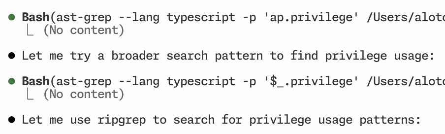 令人悲伤， ast-grep 什么时候站起来，Claude code 试了两下最后又转头去 rg 了x