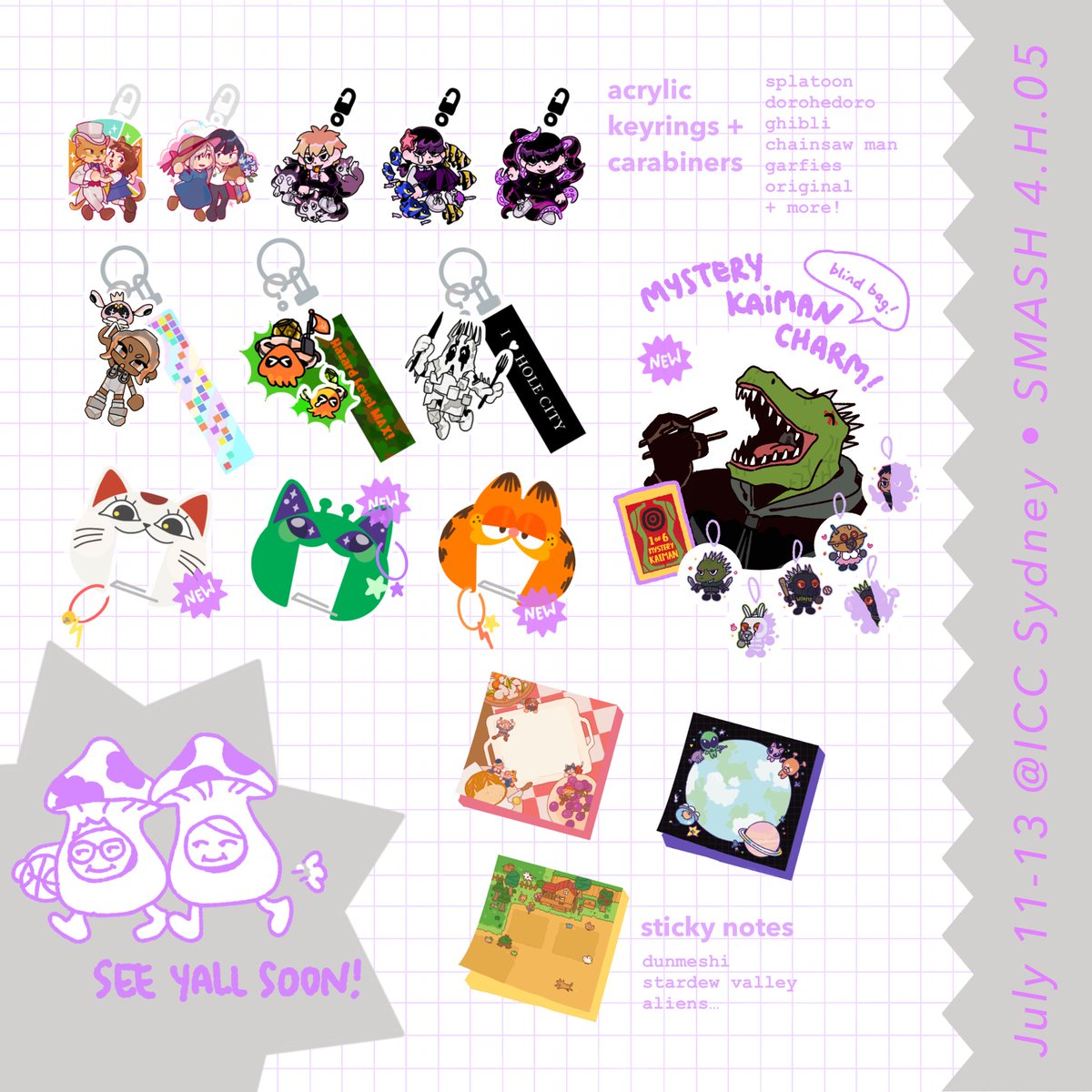 borketto's tweet image. will be at #smashcon next weekend as WE ❤️ HOLE (dorohedoro) table 4.H.05 with @artvinsky 🏀
catalogue preview below! more to come! blind bag kaimans available! participating in a dorohedoro stamp rally! see you soon! 🫵🙂
#smashcon2025