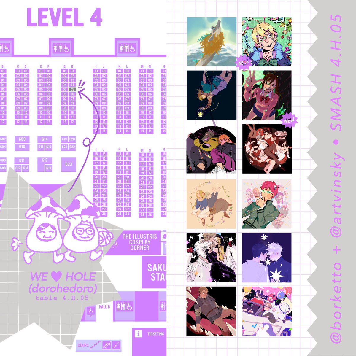 borketto's tweet image. will be at #smashcon next weekend as WE ❤️ HOLE (dorohedoro) table 4.H.05 with @artvinsky 🏀
catalogue preview below! more to come! blind bag kaimans available! participating in a dorohedoro stamp rally! see you soon! 🫵🙂
#smashcon2025
