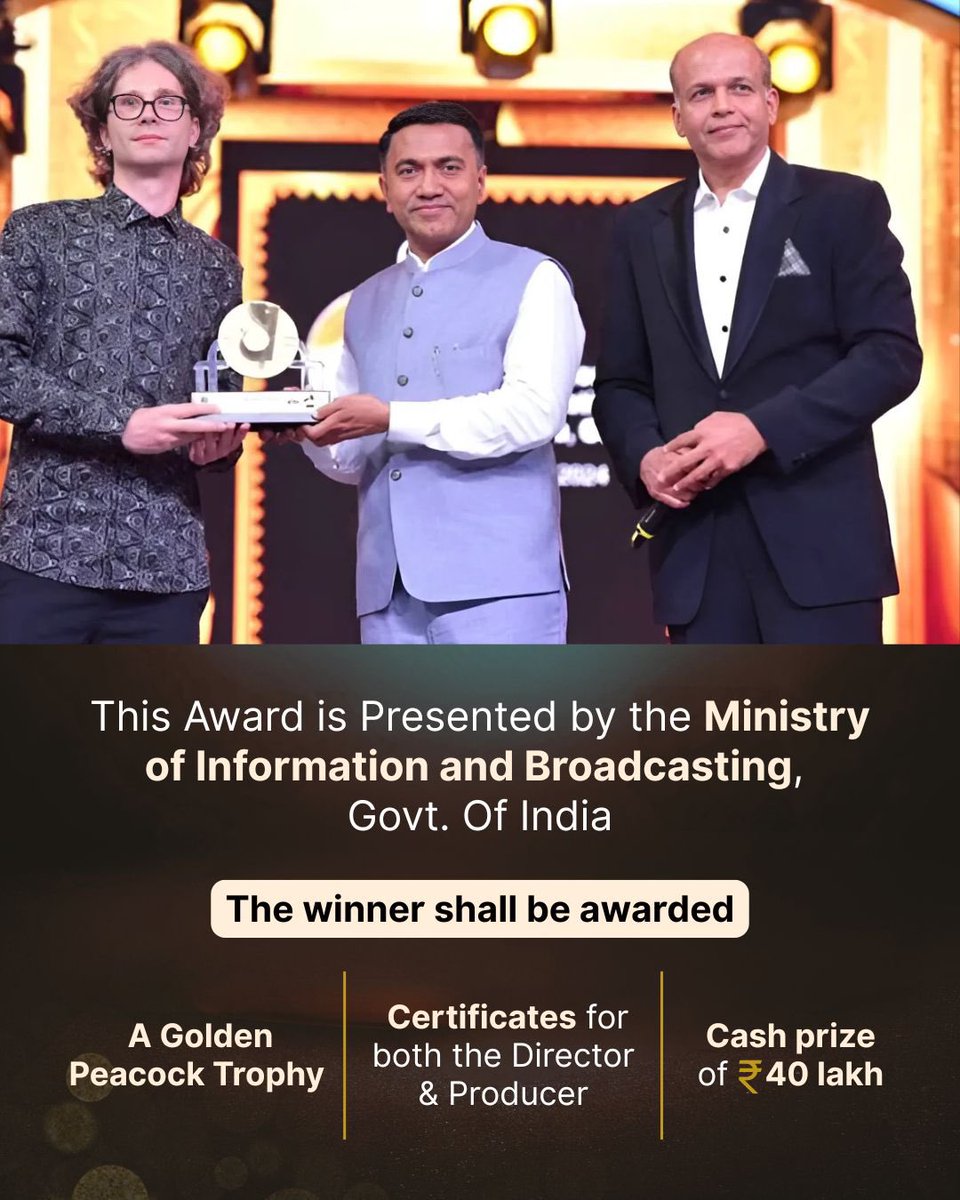 From iconic storytelling to cinematic excellence, the Golden Peacock Award has been India’s top film honour at IFFI since 1965.

At #IFFI2024, Lithuanian film Toxic won the prestigious Golden Peacock for Best Feature Film.

#goldenpeacockaward #filmfestival