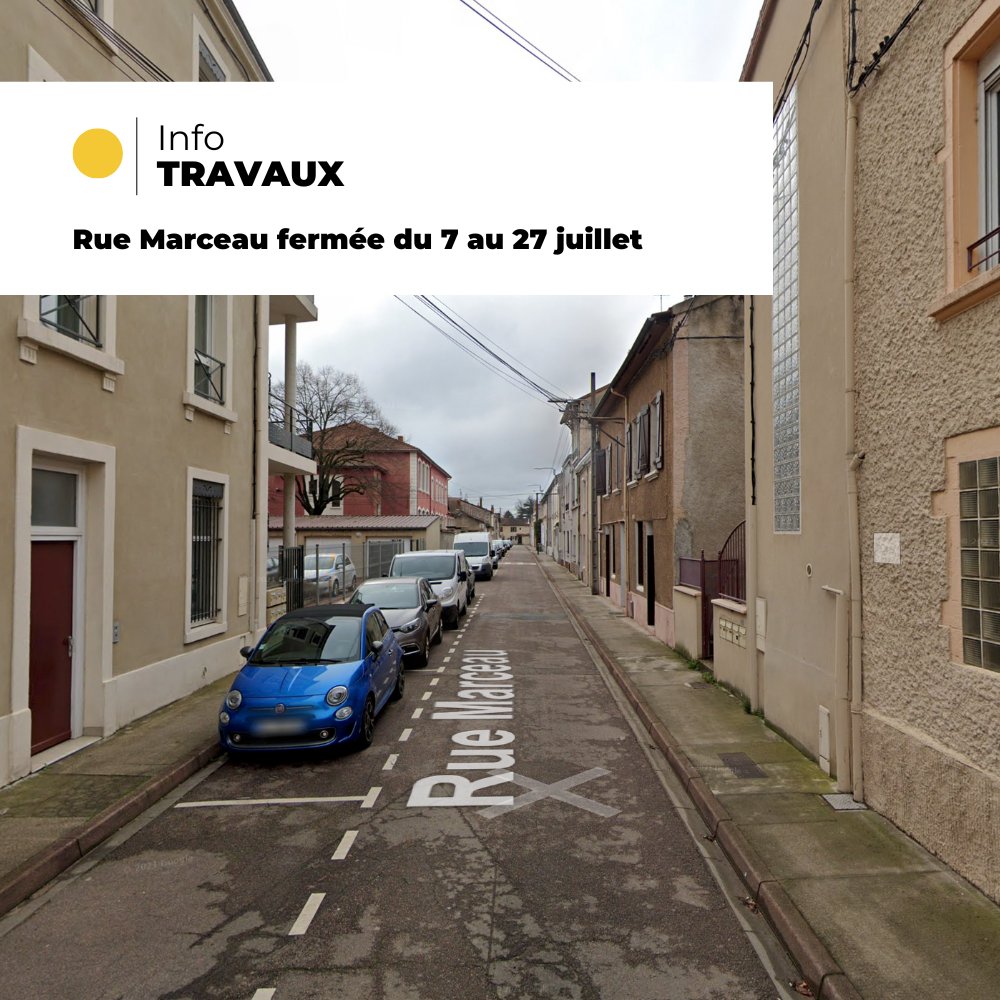 ⚠️ INFO TRAVAUX

⛔️🚙 Dans le cadre d’un chantier de réfection de toiture, la rue Marceau sera fermée du 7 au 27 juillet de 9h30 à 17h.

✅ L’accès est maintenu pour les riverains et le centre social.

🅿️ Le stationnement sera interdit sur toute la longueur de la rue.