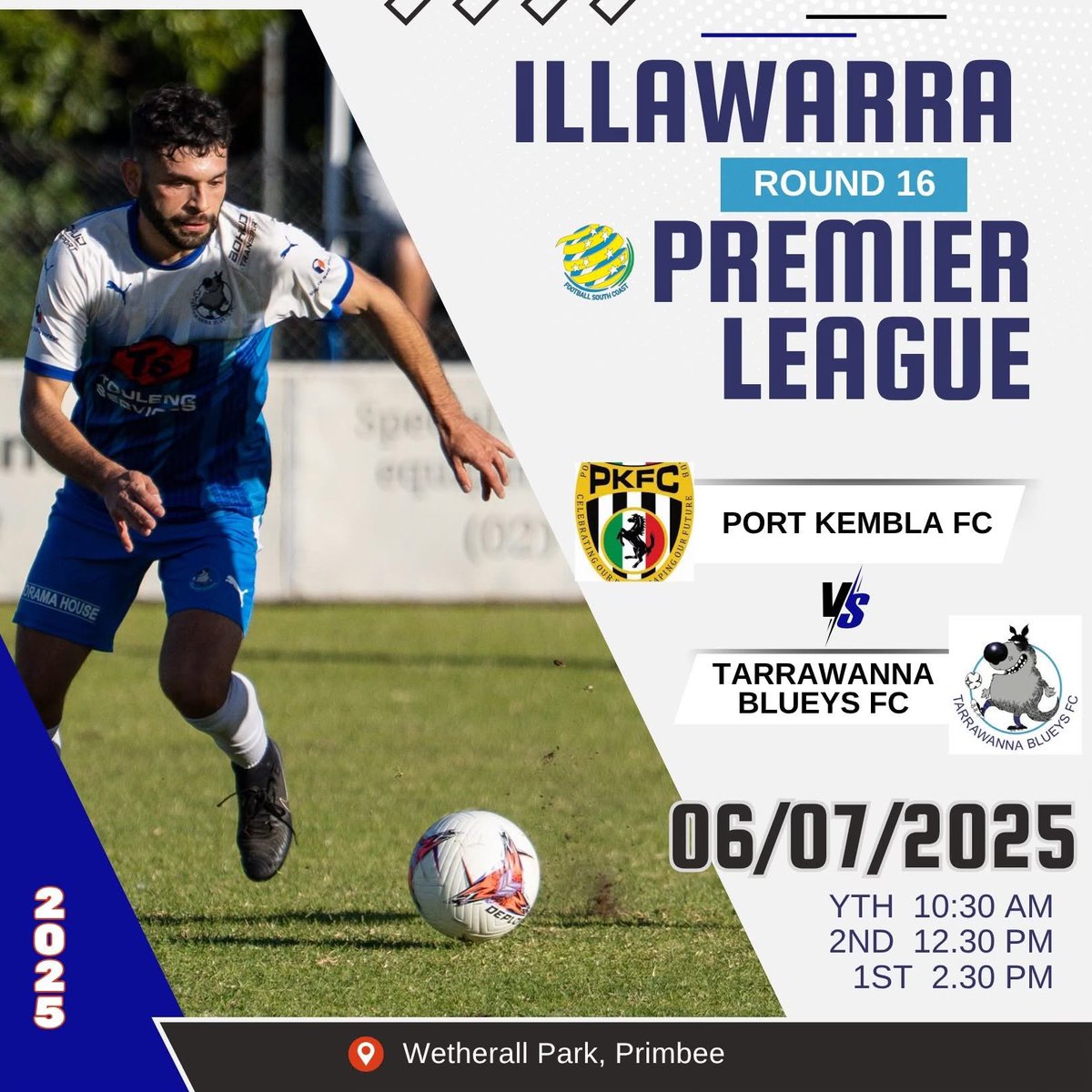 Your Blueys are back in action on SUUNDAY in a <a href="/FSC_Official/">Football South Coast</a> <a href="/FratClub2519/">The Fraternity Club</a> Premier League Round 16 match at Primbee against <a href="/PortKemblaFC/">Port Kembla Football Club</a> .

Get down to Primbee and cheer the boys on.

Further Details: