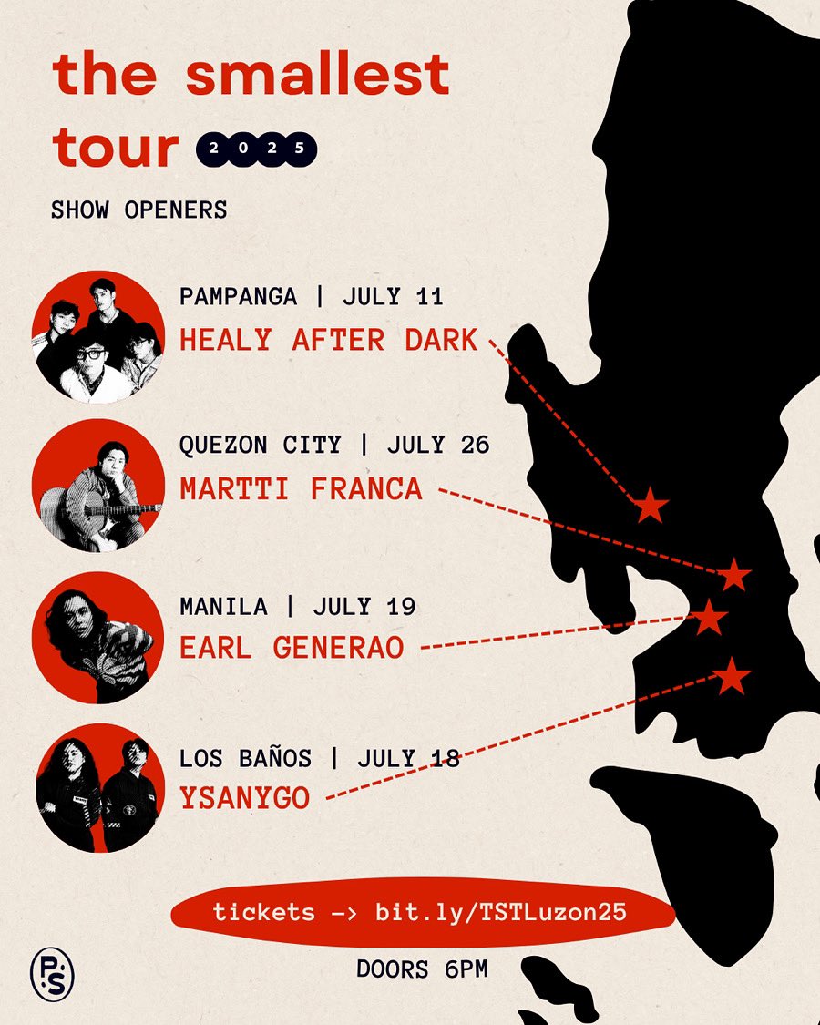 OPENER REVEAL! 🫂 Bringing some old and new friends on tour!

🎫: bit.ly/TSTLuzon25

HEALY AFTER DARK : July 11 - Pampanga
YSANYGO : July 18 - Los Baños
EARL GENERAO : July 19 - Manila
MARTTI FRANCA : July 26 - Quezon City

Doors open 6pm! Don’t be late 🤘