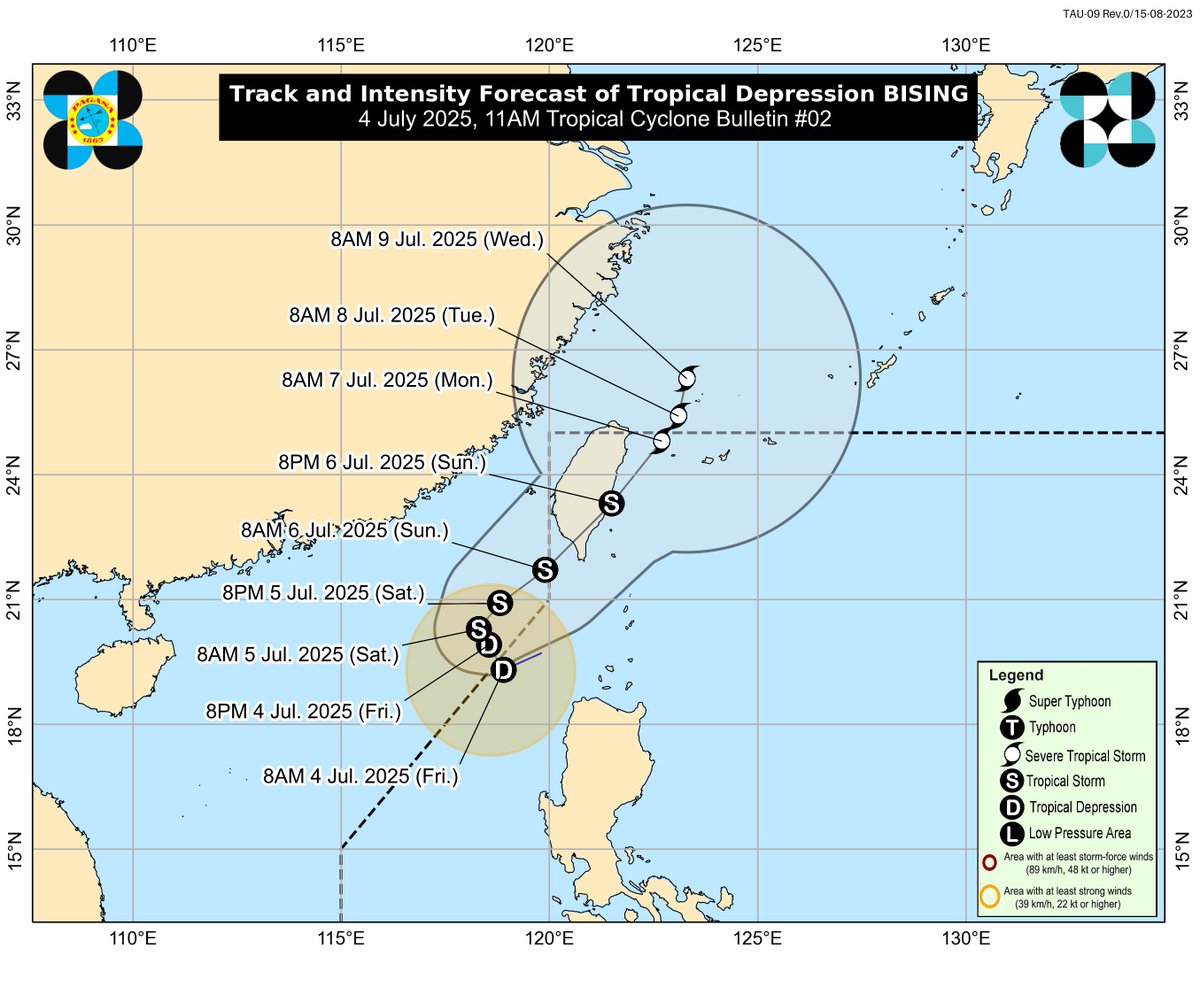 idboizz's tweet image. ‼️TROPICAL DEPRESSION BISING (tw. TROPICAL DEPRESSION 06, hk./mo. TROPICAL DEPRESSION, jp. TROPICAL DEPRESSION B, int. TROPICAL DEPRESSION 05W) ADVISORY‼️
#Bising forecasted moving NW, possible exit from PhAOR this afternoon. Expect intense rainfall and possible flash flooding