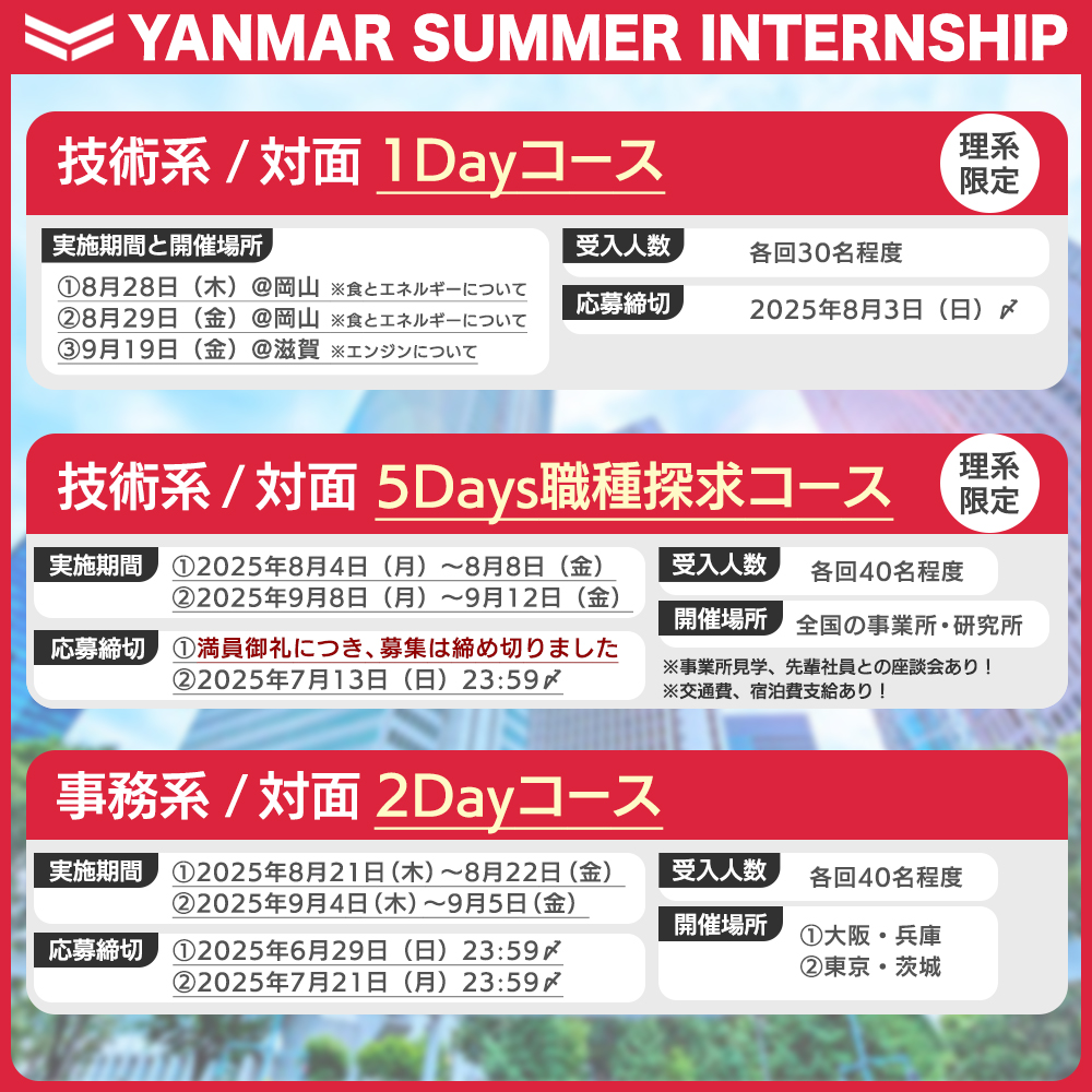 Yanmar_recruit's tweet photo. ＼ヤンマーのインターンシップ受付中！／
「技術職や事務職ってどんな仕事？実際に何をしているの？」
ヤンマーのインターンシップで、リアルな業務内容を体験しよう！

🔹 技術系 1Dayコース（理系限定）
💡 研究開発を志望する方向け、1日で技術職の魅力を知れる体験プログラム
📅 8/28（木）・8/29（金）・9/3（火）
📝 申込締切 8/3（日）

🔹 技術系 5Days 職種探索コース（理系限定）
💡 ヤンマーの技術職に密着し、5日間で実際の仕事の流れを学ぶプログラム
📅 8/4（月）～8/8（金）・9/8（月）～9/12（金）
📝 申込締切 7/13（日）

🔹 事務系 2Daysコース（全学年対象）
💡 営業職・管理系職種などの業務内容を学び、仕事を深く理解できる体験プログラム
📅 8/21（木）～8/22（金）・9/4（木）～9/5（金）
📝 申込締切 7/21（月）

ヤンマーのインターンシップは業界の理解を深める絶好のチャンスです！
各コースの詳細情報はリンクからチェック✅
気になる方は早めにエントリー！

詳細はこちらからチェック！
🔗https://t.co/u4IXPvZBAo

#ヤンマー #インターンシップ #技術職 #事務職 #職種探索 #就活準備 #インターン応募 #27卒 #ヤンマーインターン #業界研究 #実務体験 #理系限定 #インターンシップ応募