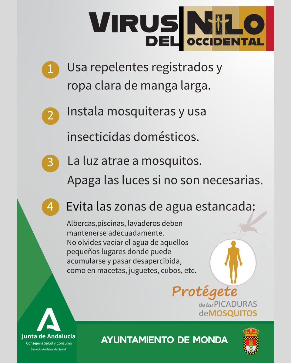 #MondaInforma

🦟 El Virus del Nilo Occidental (VNO) es endémico en Andalucía, con brotes esporádicos que siguen un patrón estacional, principalmente en verano y otoño. La vía de transmisión más común es a través de la picadura de mosquitos infectados.

#Monda #sierradelasnieves