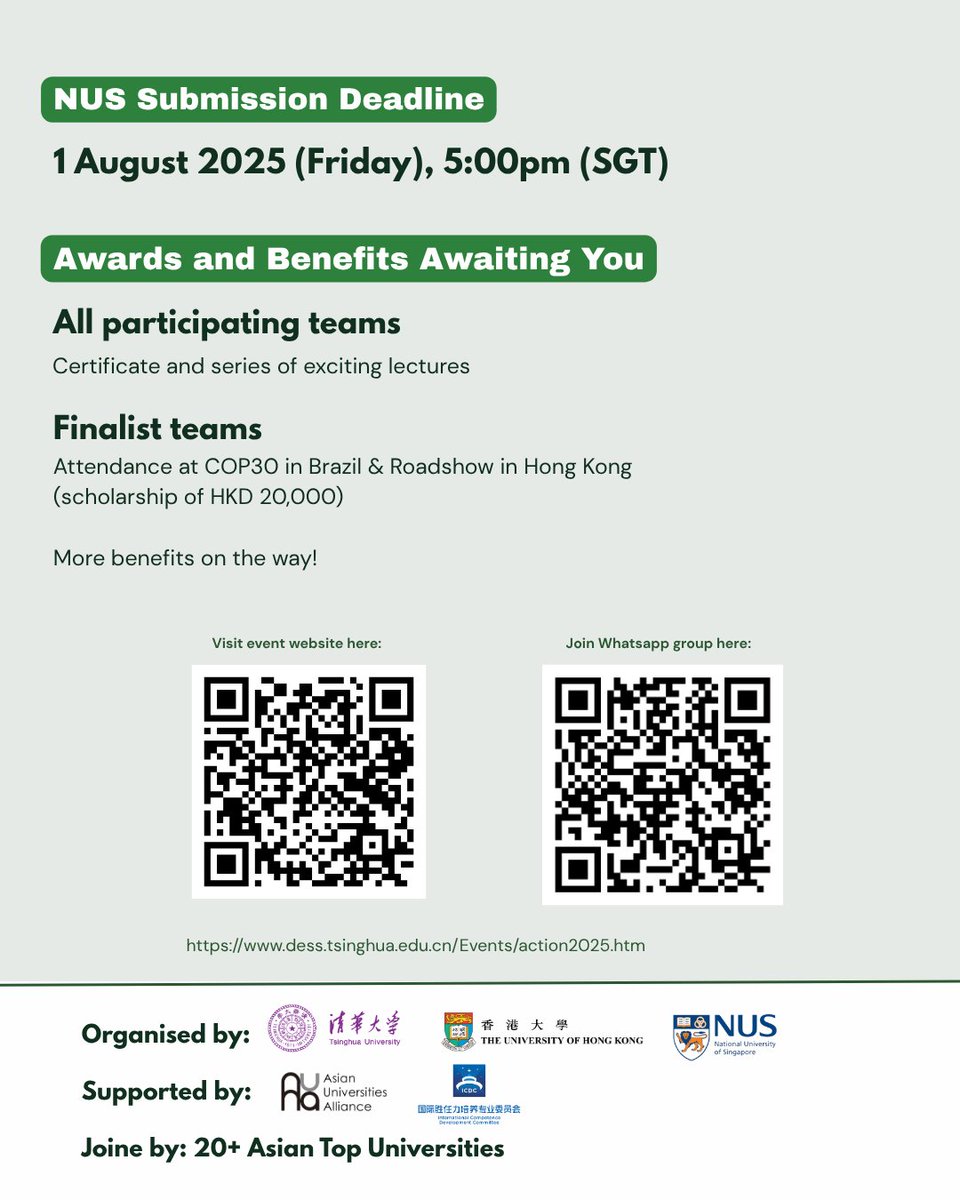 🎥 Missed the live info sessions for the ACTION Hackathon? Recordings &amp; slides from 19–20 June are now online!📚 Scroll to "Training Materials" here:
dess.tsinghua.edu.cn/en/Events/acti…💡 Open to students across Asia tackling climate &amp; health. 🗓 NUS deadline: 1 Aug 2025, 5PM SGT