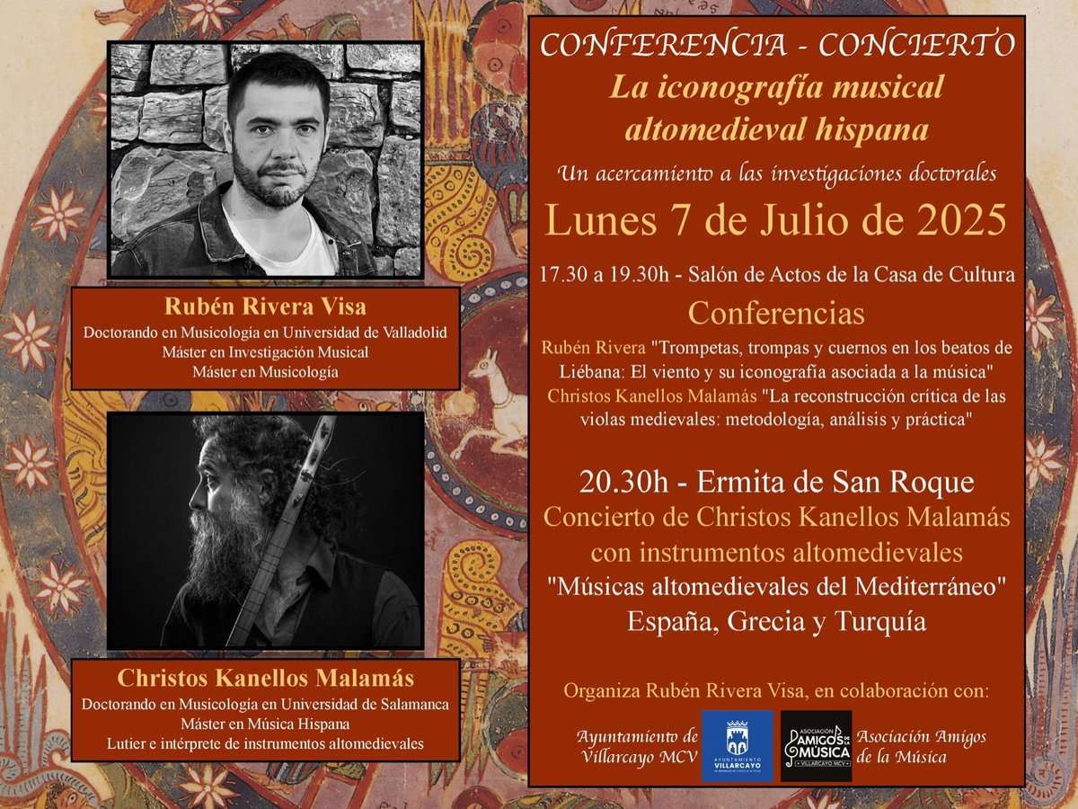 El próximo lunes 7 de julio se desarrolla en Villarcayo una conferencia - concierto bajo el título La iconografía musical altomedieval hispana, un acercamiento a las investigaciones doctorales, con la participación de Christos Kanellos y Rubén Rivera.
