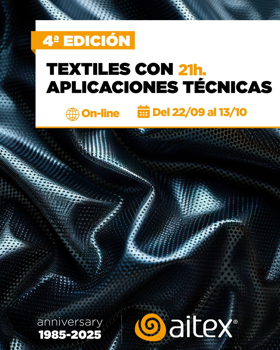 🔊¿Te gustaría aprender más sobre los textiles técnicos y sus aplicaciones?

Conoce cómo un material textil pasa a ser un material textil técnico y las diversas aplicaciones del mismo.

🌐Online
📅22/09 a 13/10
⏰Lunes y miércoles de 15:30 a 18:30

+info: aitex.es/courses/curso-…