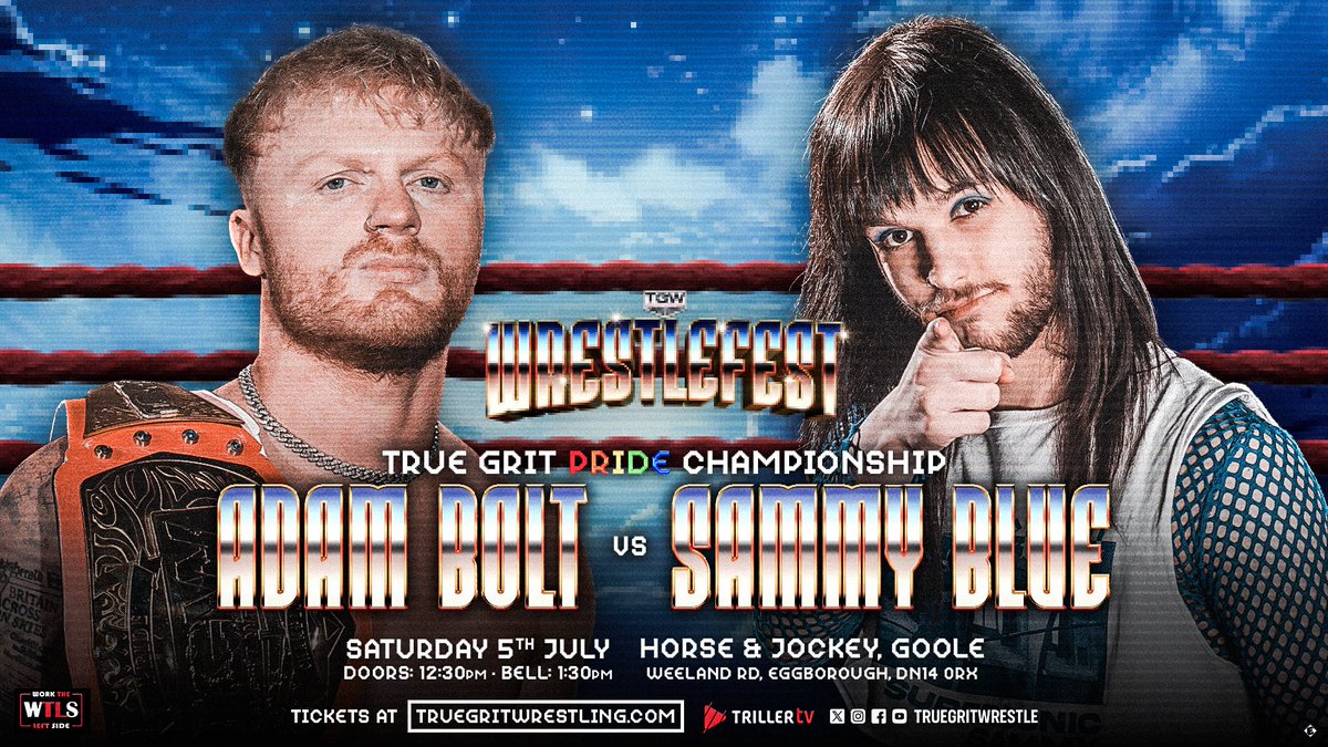 Joe Scott (@joescottmfc) on Twitter photo Tomorrow <a href="/TrueGritWrestle/">True Grit Wrestling</a> at Horse & Jockey in Goole
True Grit Pride Championship
<a href="/AdamBolt_/">Adam Bolt</a> v <a href="/SupersonicSammy/">Sammy Blue</a> Tomorrow <a href="/TrueGritWrestle/">True Grit Wrestling</a> at Horse & Jockey in Goole
True Grit Pride Championship
<a href="/AdamBolt_/">Adam Bolt</a> v <a href="/SupersonicSammy/">Sammy Blue</a>