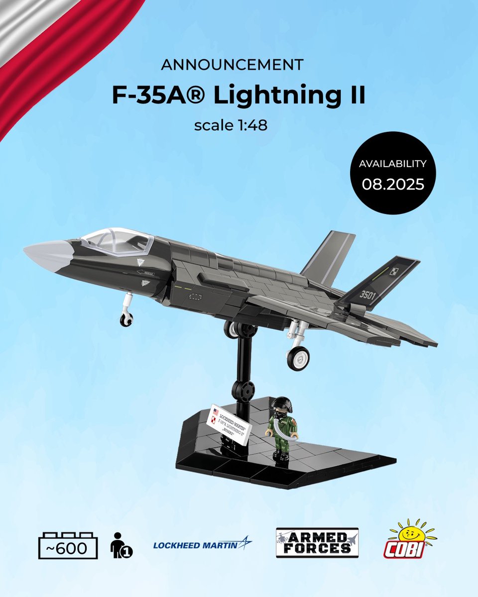COBI_Bricks's tweet image. ✈️ Wielki powrót „HUSARZA”! 🇵🇱🔥 Czyli polskiego F-35 w nowej, ulepszonej odsłonie! Model otrzymał świeży wzór nadruków, inspirowany publicznie zaprezentowanym egzemplarzem polskiego F-35. Wiemy, jak wielu z Was pisało i dzwoniło w sprawie powrotu tego modelu — oto jest! 🫡…