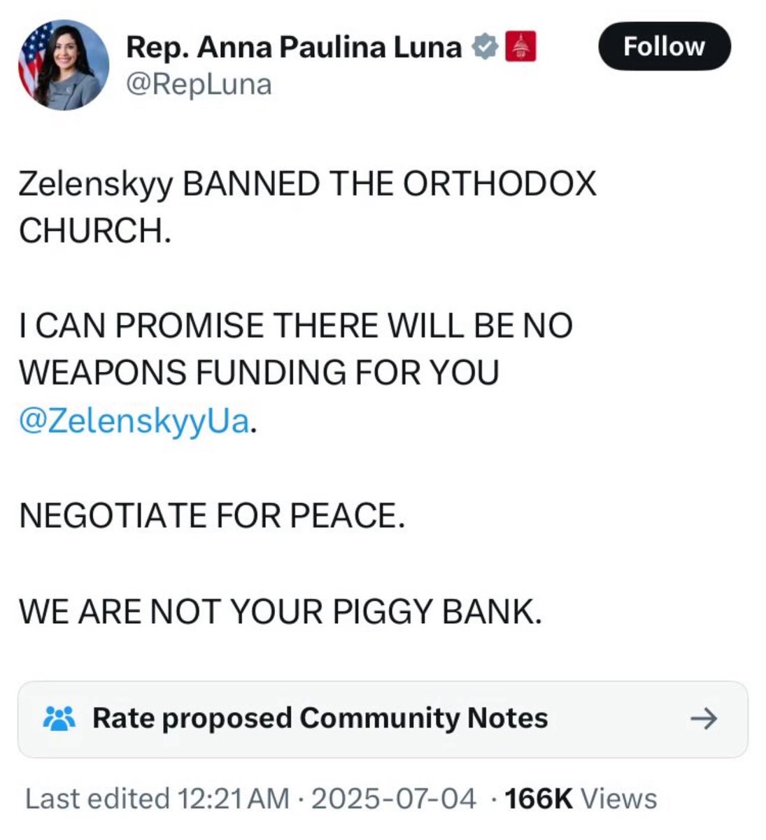 President Zelenskyy never banned the Orthodox Church. He weeded out Russian Orthodox priests who were spying for Russia. Ukraine is an Orthodox Christian country. 

MAGA Americans like Anna Paulina Luna are either brainwashed by Russian propaganda, ignocilic (ignorant +