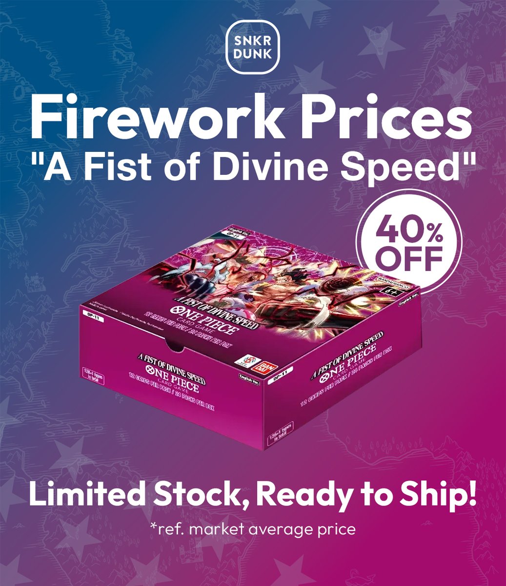 40% OFF! Limited time and quantities 🔥

Grab the coveted ONE PIECE Card Game English Version Booster Box “A Fist of Divine Speed” booster box now at a massive discount! 🎇

We're also offering a flat shipping rate, which means you save even more when you buy multiple boxes.