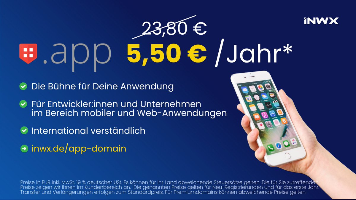 Apps bewegen die Welt – und jetzt haben sie ein sicheres Zuhause im Web.📱
Sichere Dir eine .APP-Domain, die perfekt zu Deinem Unternehmen oder Produkt passt. Damit hebst Du Dich ab und präsentierst Deine App unter einer einzigartigen und passenden URL.
👉🏻 inwx.de/app-domain