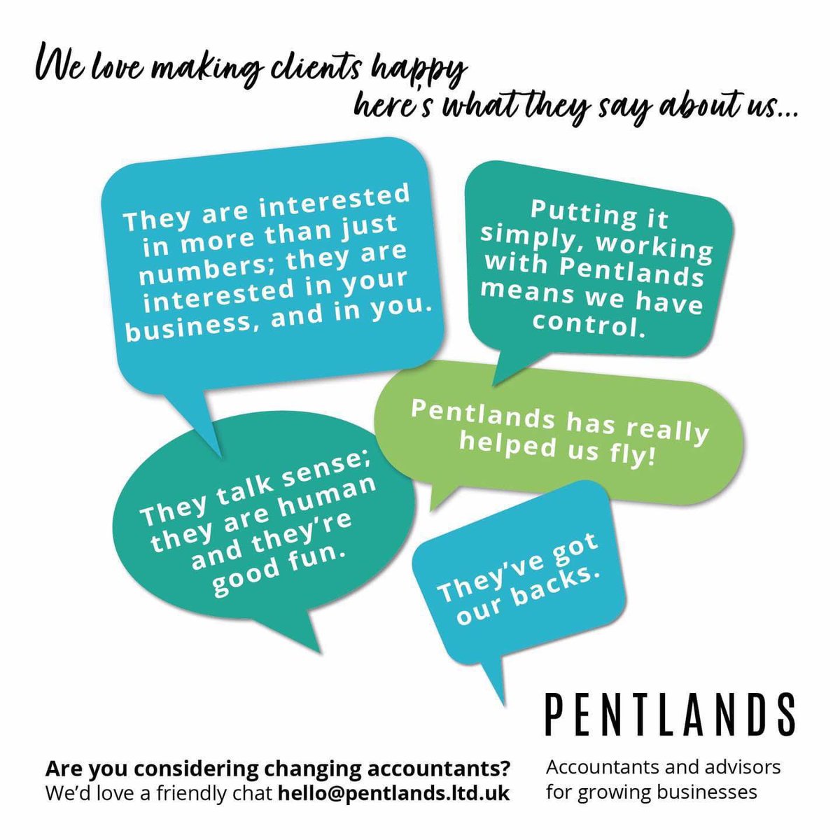Pentlands Tax (@pentlandstax) on Twitter photo Who’s got that feel good Friday feeling 🤩
We have 🙌 We love making our clients happy 😃 here’s what they say about us
If you are thinking of switching #accountant, get in touch
📧 hello@pentlands.ltd.uk or ☎️ 01926 424455
#accountantsinwarwickshire Who’s got that feel good Friday feeling 🤩
We have 🙌 We love making our clients happy 😃 here’s what they say about us
If you are thinking of switching #accountant, get in touch
📧 hello@pentlands.ltd.uk or ☎️ 01926 424455
#accountantsinwarwickshire