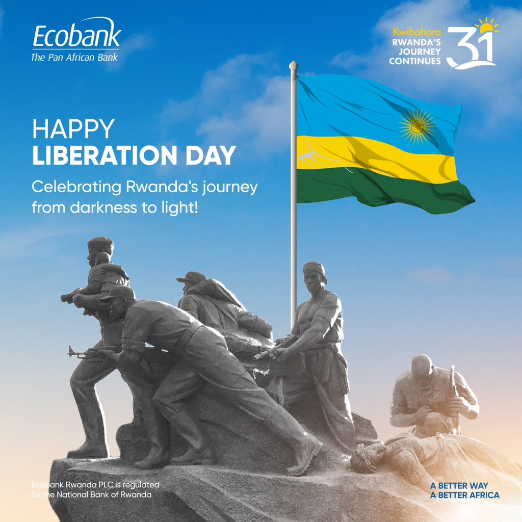 Ecobank Rwanda Board, Management, and Staff join the entire nation in celebrating Rwanda's Liberation Day. Today, we honor the sacrifices made by those who fought for our freedom and the peace we are privileged to enjoy. As Rwanda continues its journey of growth and development,