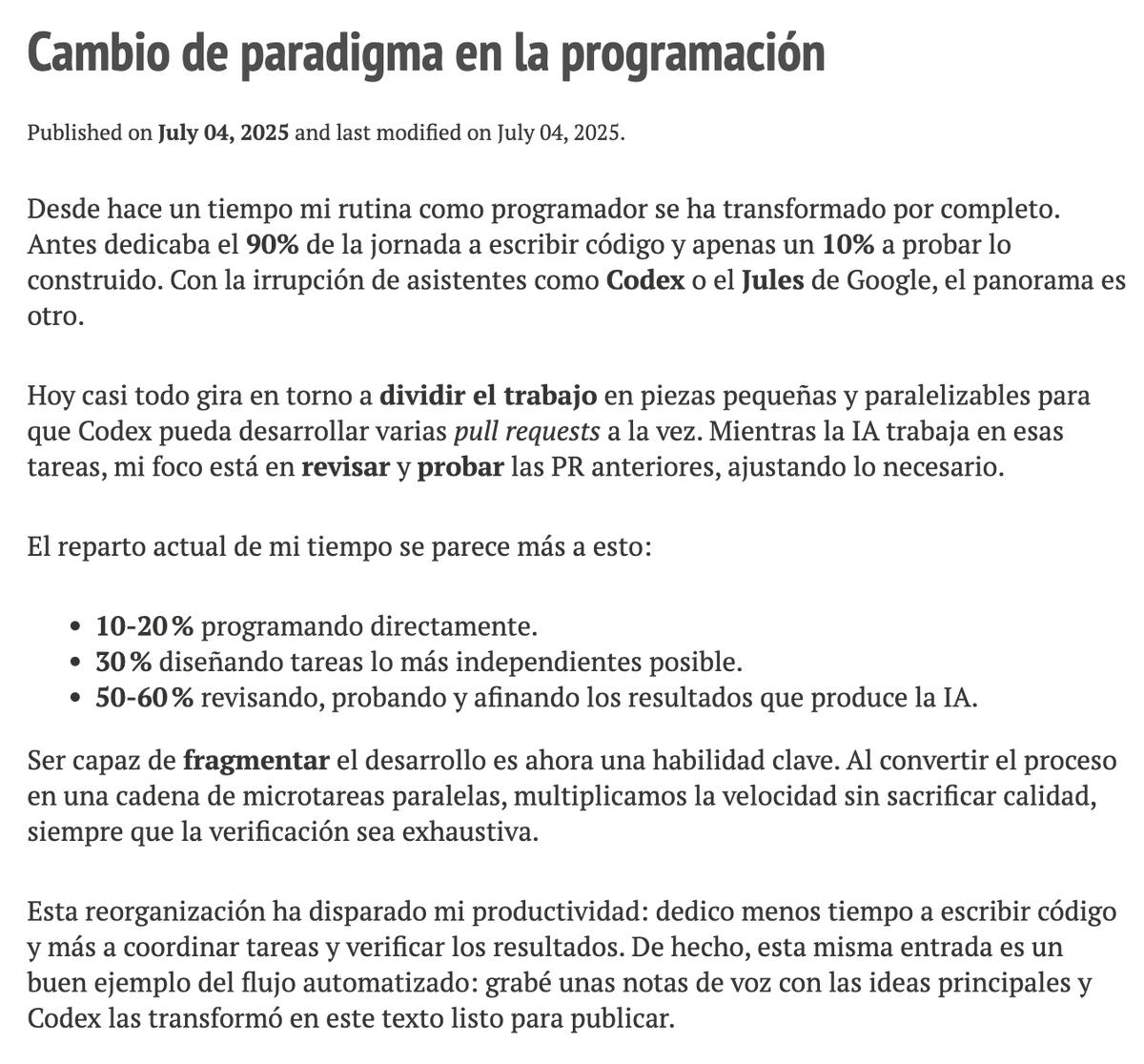 Ya no se "programa" como antes. En mis inicios con Java recuerdo tener memorizado **todas** las funciones de los paquetes principales, porque no había autocompletado. El autocompletado paso a autocompletado inteligente de la IA. Y ahora el cambio es aún mayor.