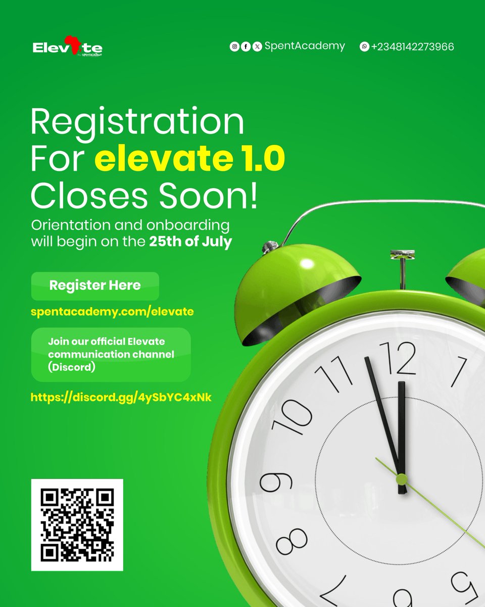 Spentacademy's tweet image. 🚨 Registration for Elevate 1.0 closes soon!

Join the Spent Academy tech program — orientation starts 25th July.

Apply now: spentacademy.com/elevate
Join the community: discord.gg/4ySbYC4xNk

#SpentAcademy
#ElevateBySpent
#Elevate1_0