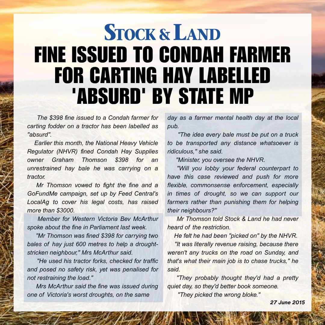 BevMcArthurMP's tweet image. 🚜💥🥾 A $398 fine for helping a neighbour in drought by carting two hay bales just 600 metres on a tractor is completely absurd. This is a clear example of bureaucracy punishing the very people who keep our communities going in tough times. I raised this matter in Parliament…