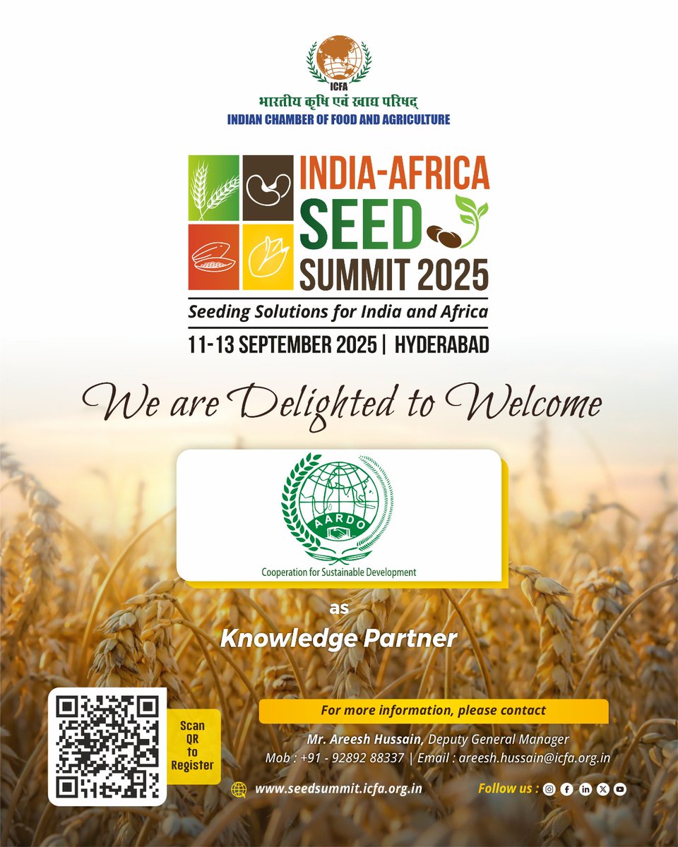 🌱A warm welcome to AARDO as Knowledge Partner for the India-Africa Seed Summit 2025 by ICFA!
Together, we aim to boost seed innovation &amp; sustainable farming globally.
📍11–13 Sept | Hyderabad
🔗seedsummit.icfa.org.in

 #ICFA #AARDO #SeedSolutions #AgriInnovation #Hyderabad2025