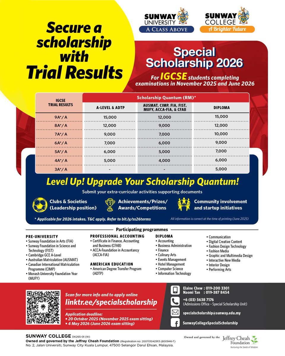 sunwaytes's tweet image. Sitting your #IGCSE exams in Nov 2025 or June 2026? You could be eligible for a special #scholarship – and even boost your scholarship amount!

For more info, call Elaine at 019-200 3301or Naomi at 019-387 8454

#SunwayTESCAE
