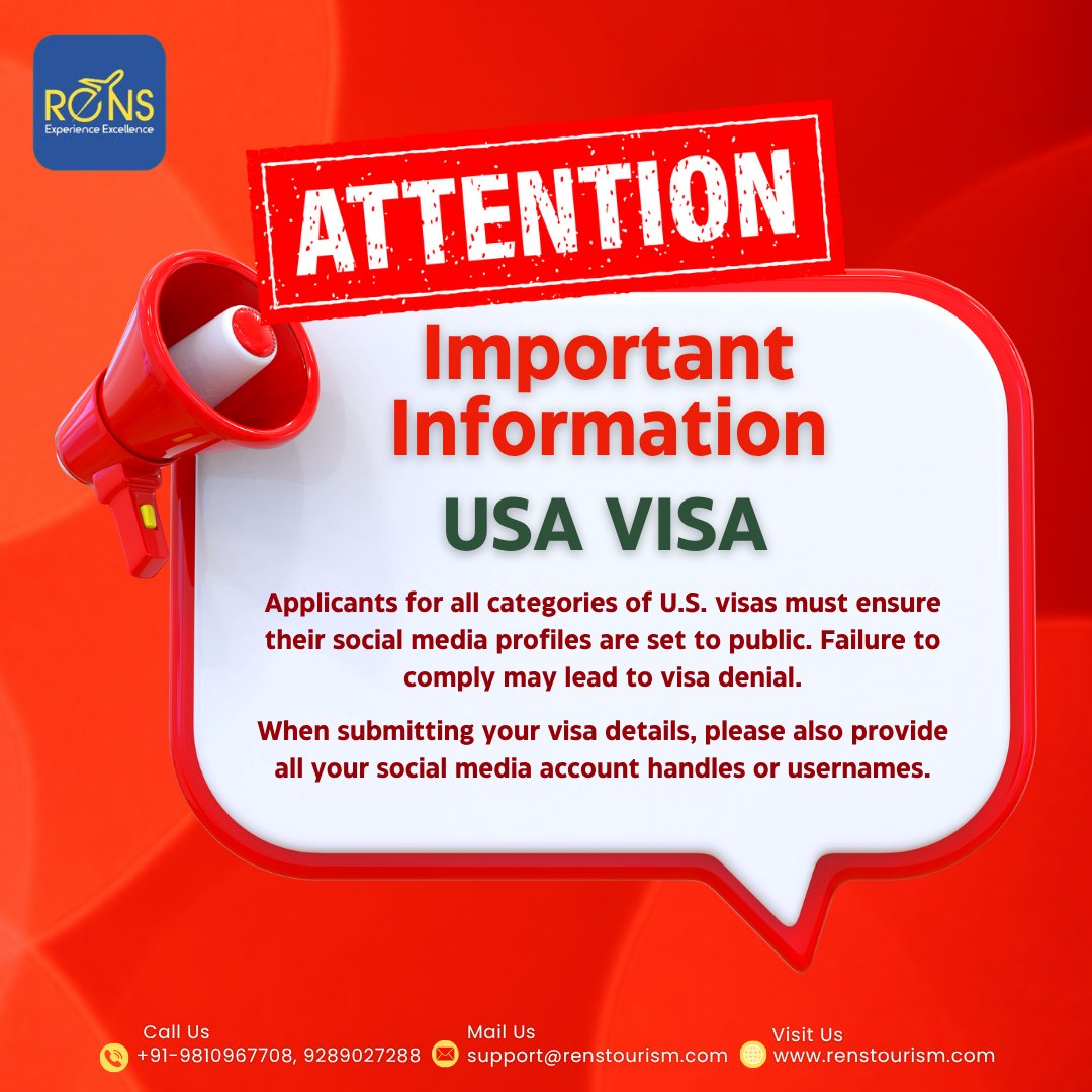 RENS_Tourism's tweet photo. Important Update for U.S. Visa Applicants
Effective Immediately:
All U.S. visa applicants must ensure social media accounts are set to public and that all handles/usernames are disclosed accurately in the visa application.
#USVisaUpdate #VisaAlert #VisaRequirements #RENSTourism https://t.co/fF1nLxbwrP