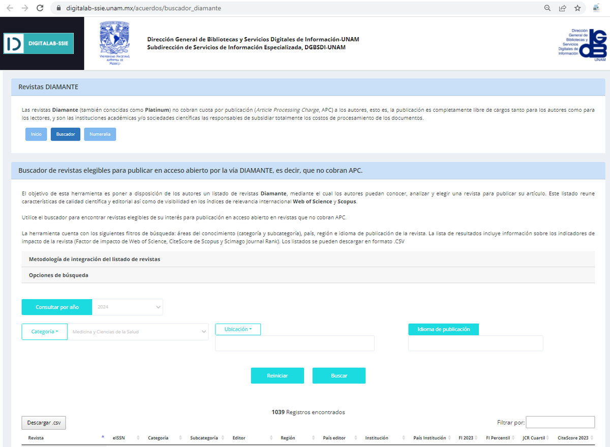 Directorio de Revistas Diamante #AccesoAbierto indexadas en Scopus y/o WOS de la Dirección General de Bibliotecas y Servicios Digitales de Información de la UNAM...
• Filtrando por "Categoría" podrás localizar las de tu interés (permite la descarga de resultados en CSV)