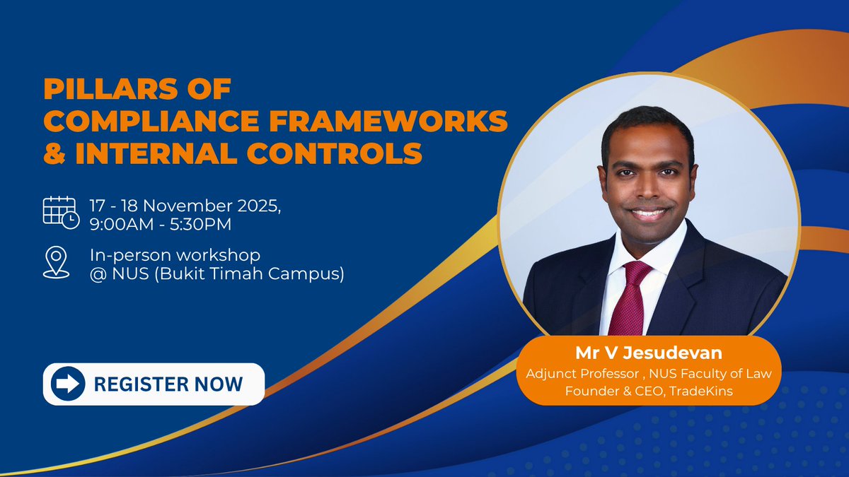 Pillars of Compliance Frameworks &amp; Internal Controls

📍 In-person

Master compliance, risk &amp; governance through hands-on training, real case studies &amp; a live tabletop simulation. Ideal for legal/compliance pros.
🔗 law.nus.edu.sg/nuslawacademy/…

#Compliance #RiskManagement #Governance