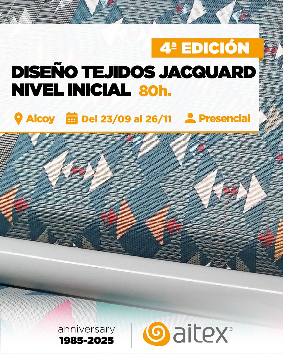 Expande tus habilidades en diseño de tejidos Jacquard con nuestra formación nivel inicial! 🎨✨

🚀Técnicas más innovadoras y avanzadas para crear tejidos Jacquard de alta calidad. 

📍Alcoy
📅Del 22/09/2025 al 26/11/2025

+info➡aitex.es/courses/curso-…
