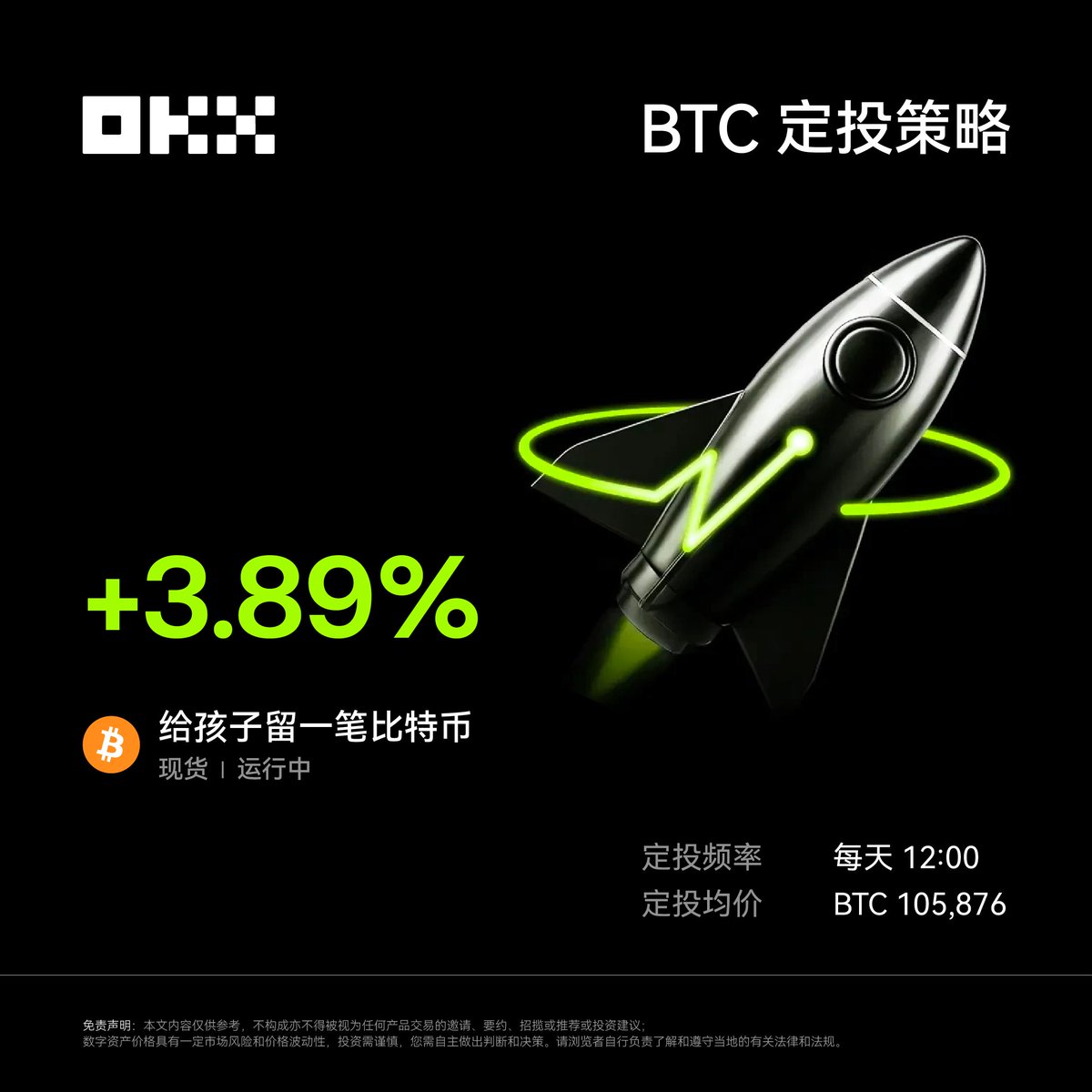 📈 BTC价格再次回到11万大关左右，6月的BTC定投策略平均收益率为3.89% 
⏯ 定投小Tips：觉得当前BTC价格较高？可以设置定投价格区间或随时暂停/开启定投 
🎁 你六一给孩子定投的那笔比特币还在吗？
#给孩子留一笔比特币