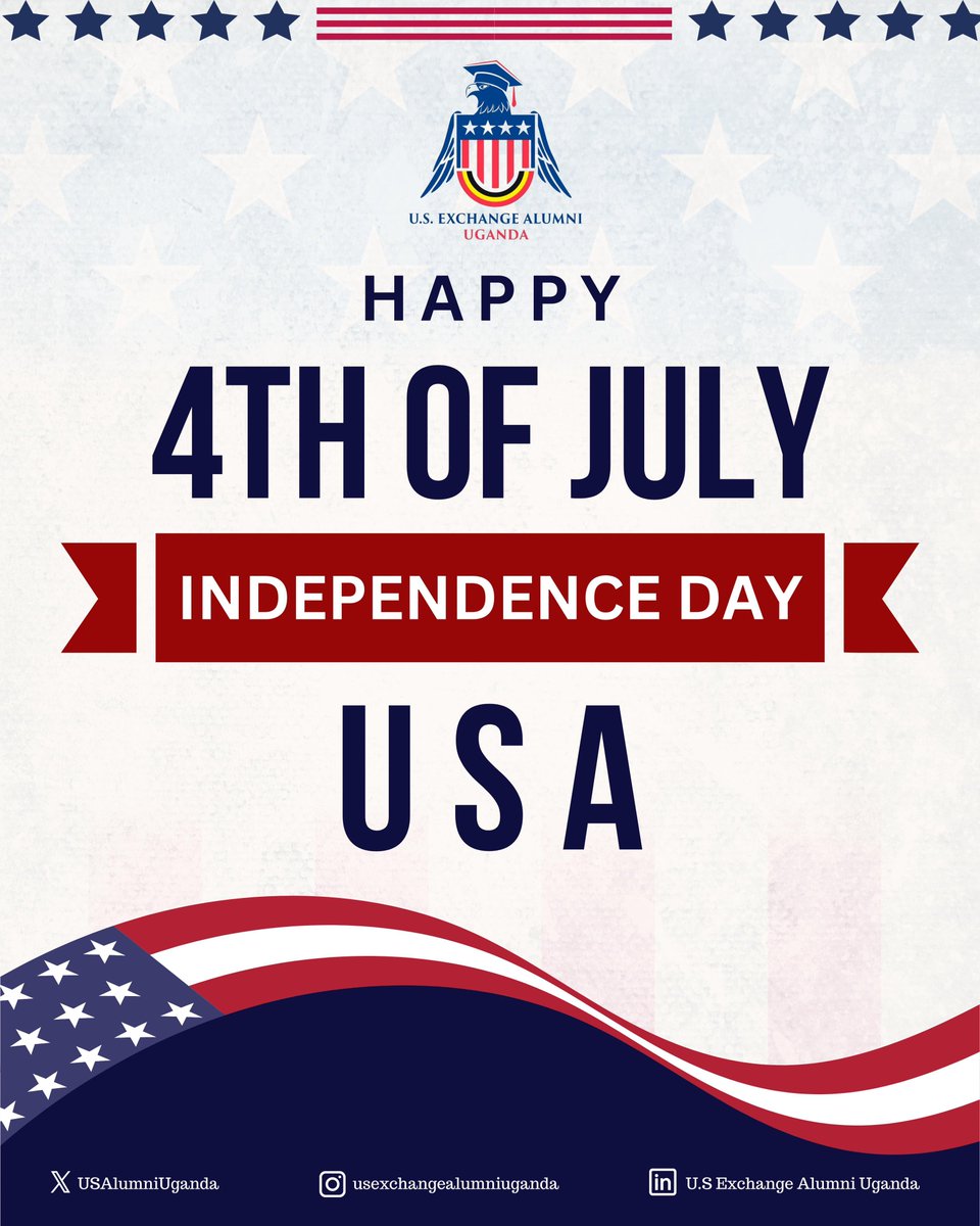 USAlumniUganda's tweet photo. 𝐇𝐚𝐩𝐩𝐲 𝐈𝐧𝐝𝐞𝐩𝐞𝐧𝐝𝐞𝐧𝐜𝐞 𝐃𝐚𝐲, 𝐀𝐦𝐞𝐫𝐢𝐜𝐚🇺🇸

We join millions around the 🌎 in celebrating the 249th Independence Day of the United States of America.

As we celebrate this momentous occasion, we reflect on the values that define the American spirit of freedom, https://t.co/p3ftlbshbE