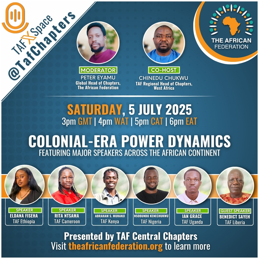Neocolonialism didn’t die, it evolved.
From foreign control of our resources and education, to the silent power of debt, tech and elite complicity, colonial-era power dynamics still rule Africa. TAF will discuss this and more on our upcoming space on X: x.com/i/spaces/1YpKk…