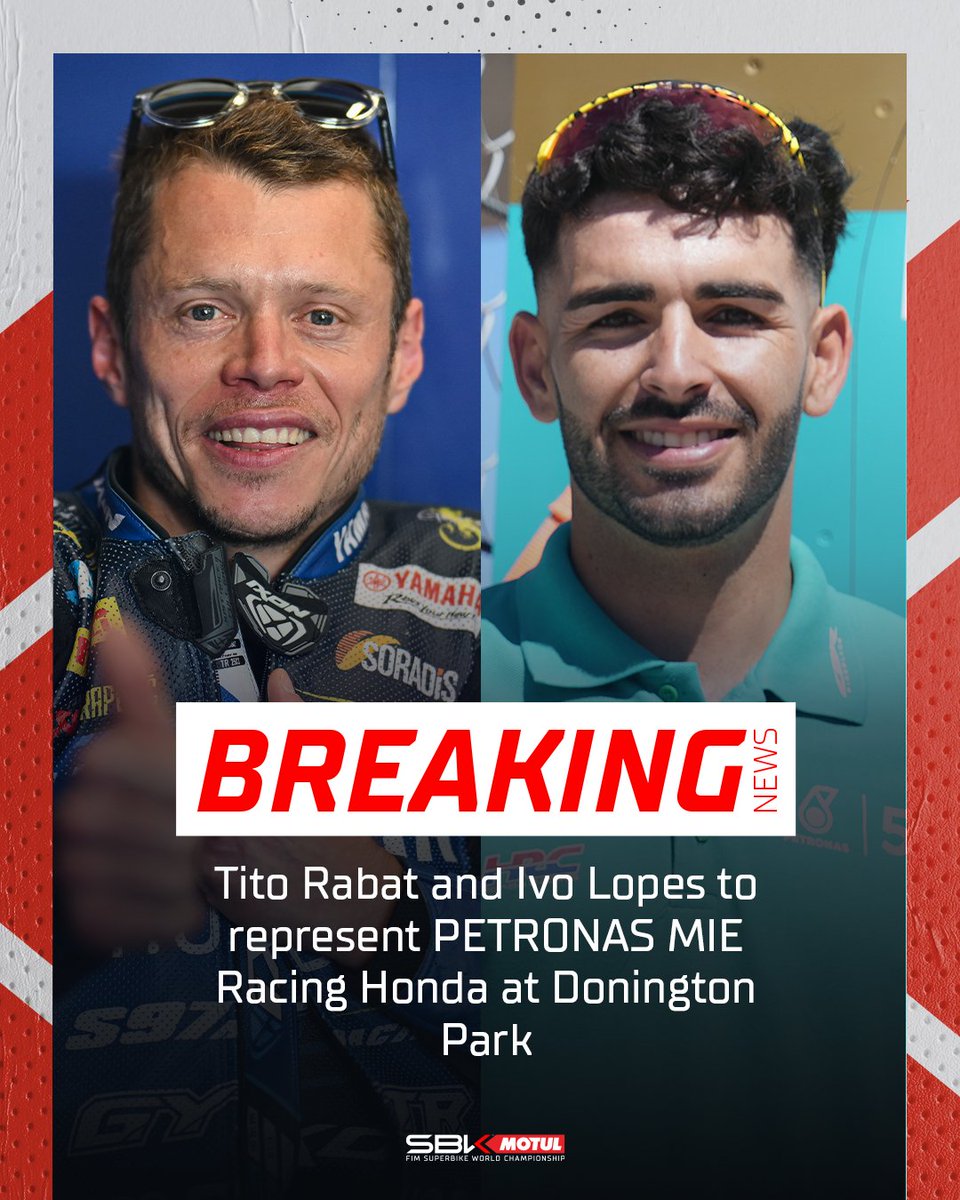 WorldSBK (@worldsbk) on Twitter photo Rider switch for Round 7! 🔄 <a href="/TitoRabat/">Tito Rabat</a> and Ivo Lopes will race for PETRONAS MIE Racing Honda at Donington Park 🚨
Read more 👉 tinyurl.com/mpva7we
#UKWorldSBK 🇬🇧 #WorldSBK Rider switch for Round 7! 🔄 <a href="/TitoRabat/">Tito Rabat</a> and Ivo Lopes will race for PETRONAS MIE Racing Honda at Donington Park 🚨
Read more 👉 tinyurl.com/mpva7we
#UKWorldSBK 🇬🇧 #WorldSBK