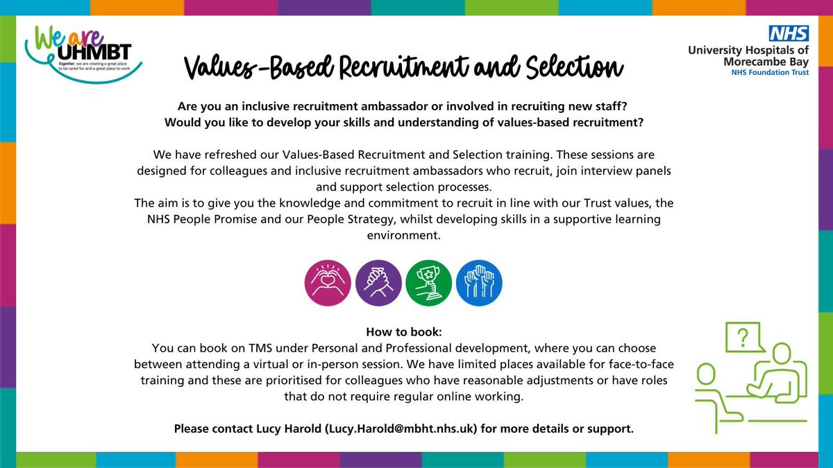 Are you a recruiting colleague or inclusive recruitment ambassador?  Book on TMS for the refreshed Values-based recruitment and selection training. 💙#SupportingYou #InclusiveRecruitment