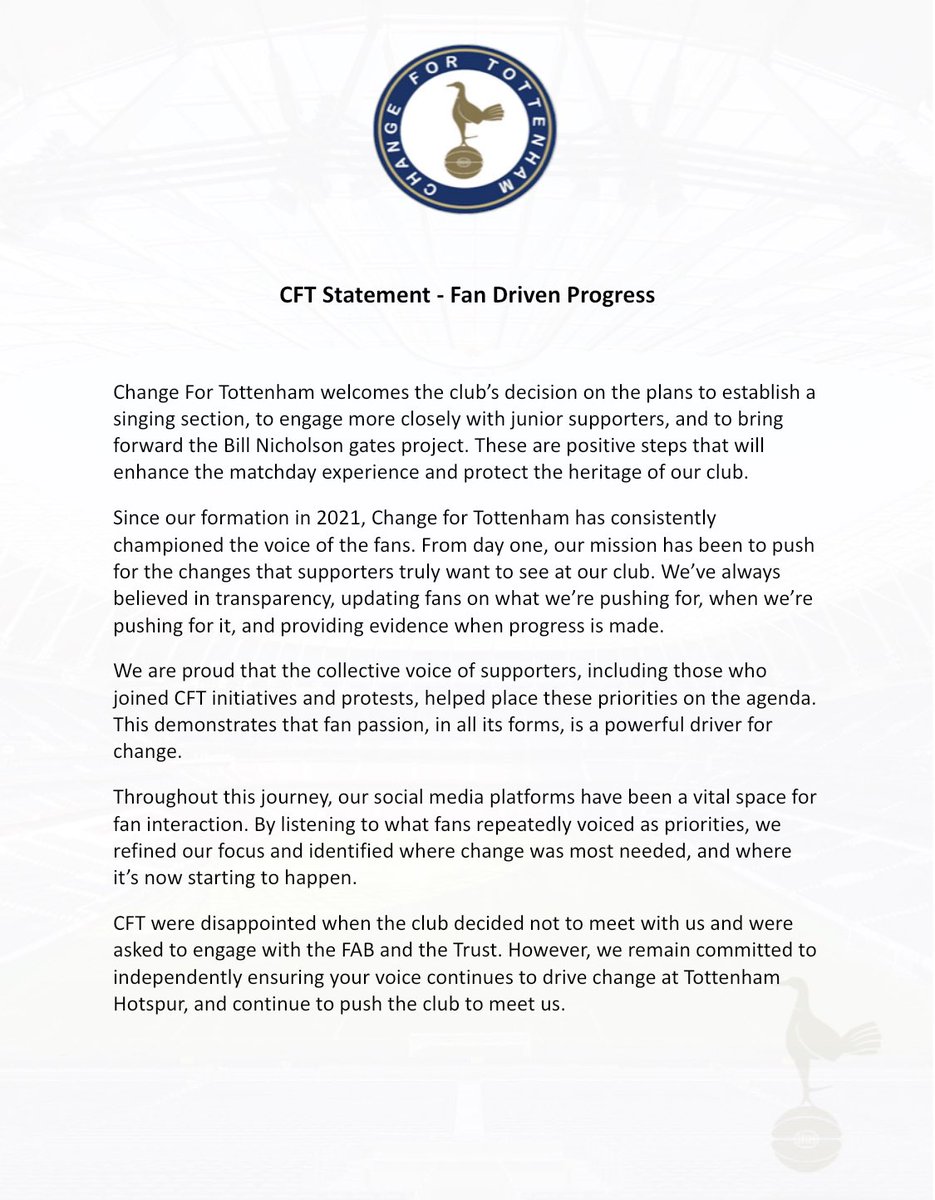 ChangeForSpurs's tweet image. We welcome recent steps by the club, but real change is still needed.
Fans are driving progress. We remain committed to pushing for more.
Change is happening, because of you, the fans.