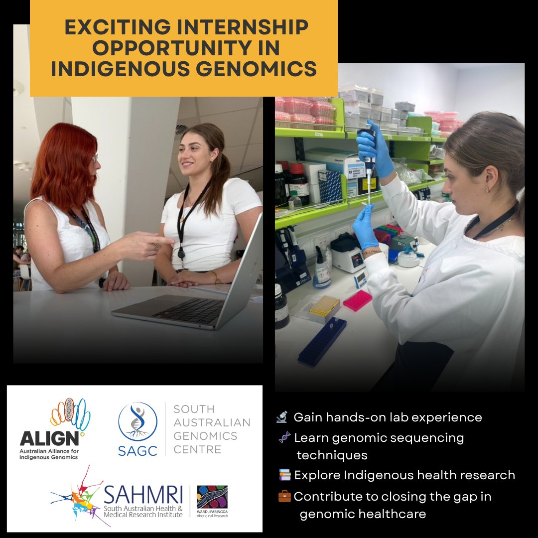 SA_genomics's tweet image. @SA_genomics, ALIGN, and @sahmriAU are offering a 12-week paid internship in genomics for Aboriginal and Torres Strait Islander students, researchers, or professionals, starting November 2025.
More information and to apply👇
sahmri.org.au/careers-and-st…