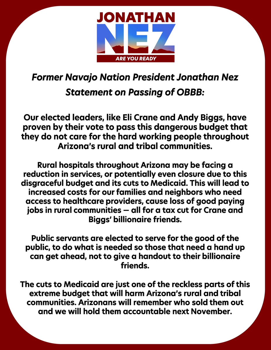 FormerPrezNez's tweet image. Today, Congress failed to do what was right and chose to hurt families across the country by passing this terrible budget. See my statement here.